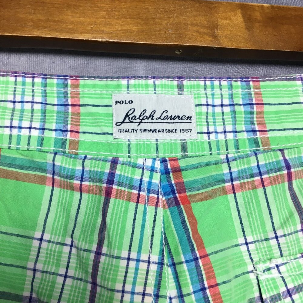 Polo RL Mens Plaid Swim Cargo Shorts size 34 Green Drawstring Cotton Nylon - Picture 4 of 16